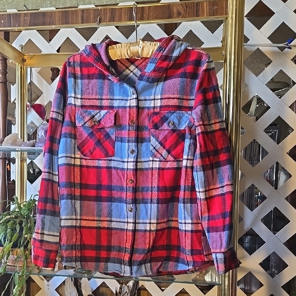 Plaid Flannel Hooded Jacket in Red and Blue Size Small-FC